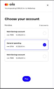 Composite image illustrating the end-user payment journey:logging in and selecting an account
